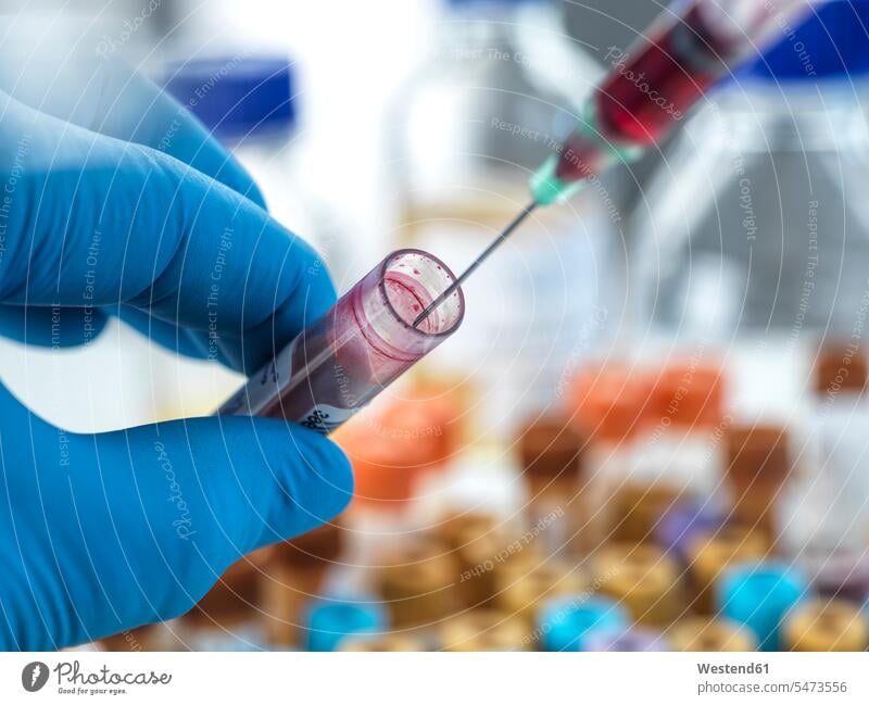 Biomedizinischer Techniker untersucht Blutprobe im Labor Farbaufnahme Farbe Farbfoto Farbphoto Wissenschaftler Wissenschaften wissenschaftlich Innenaufnahme