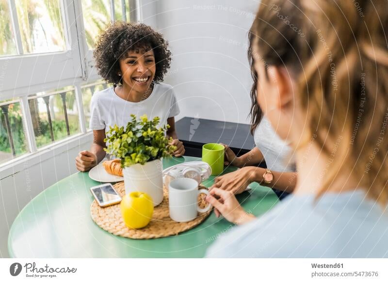 Drei glückliche Frauen sitzen am Tisch zu Hause trinken Kaffee zusammen Glück glücklich sein glücklichsein Gemeinsam Zusammen Miteinander sitzend sitzt Tische