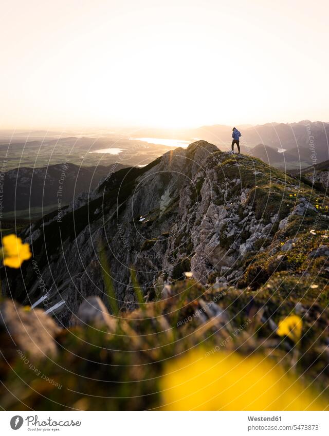 Wanderin auf Aussichtspunkt bei Sonnenaufgang, Brentenjoch, Bayern, Deutschland Wanderung früh Frühe Morgen gelbe gelber gelbes frei Abenteuer abenteuerlich