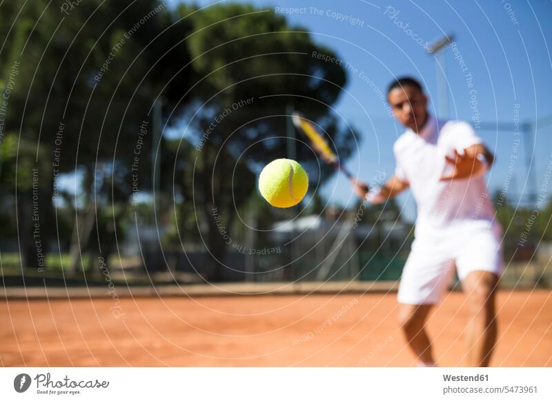 Tennisspieler während eines Tennisspiels, Schwerpunkt Tennisball Leute Menschen People Person Personen Europäisch Kaukasier kaukasisch 1 Ein ein Mensch