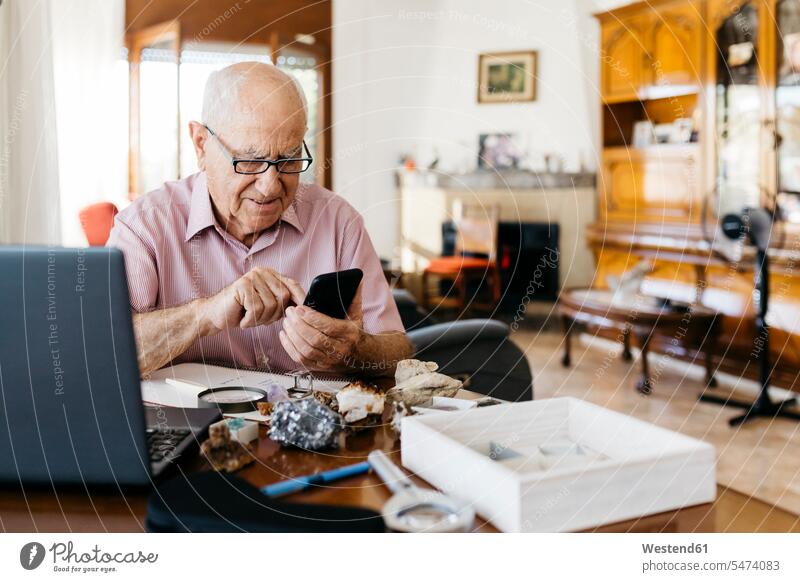 Älterer Mann benutzt Smartphone, während er zu Hause über Mineralien und Fossilien forscht Farbaufnahme Farbe Farbfoto Farbphoto Innenaufnahme Innenaufnahmen