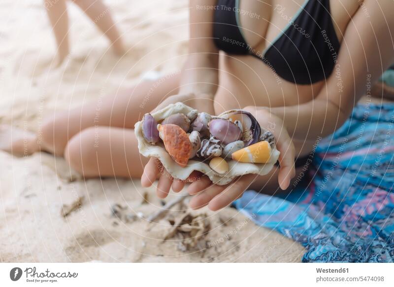 Junge Frau am Strand mit Muscheln in der Hand Urlaub Ferien Beach Straende Strände Beaches Muschelschale Muschelgehaeuse Muschelschalen Muschelgehäuse halten