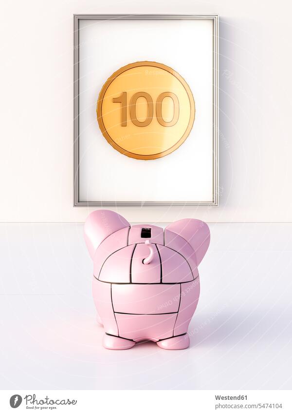 Rendering eines rosa Roboter-Sparschweins vor einer Münze in einem Rahmen reich Vermögen sehen sehend betrachtend Rueckansicht Rueckenansicht Rückenansicht