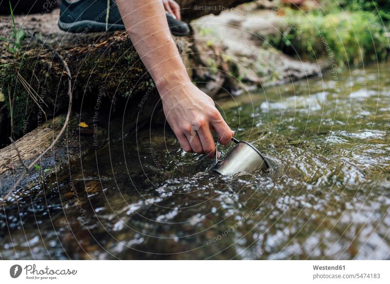 Die Hand eines jungen Mannes schöpft frisches Wasser aus einem Bach, Nahaufnahme Hände schöpfen Männer männlich Bäche Baeche Mensch Menschen Leute People