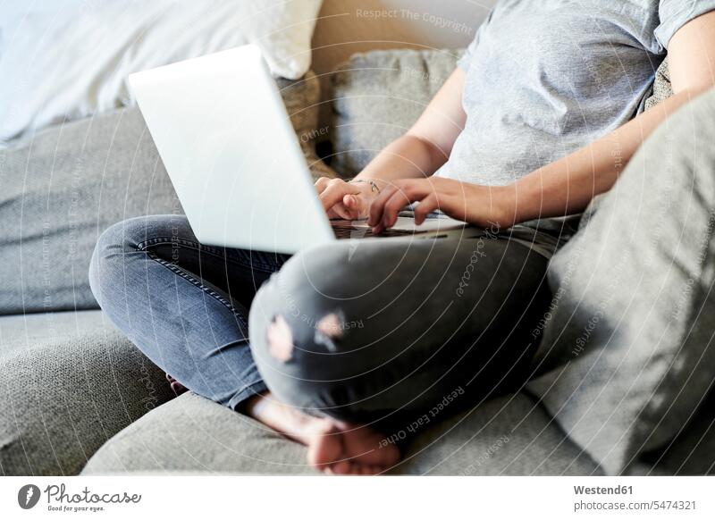 Niedriger Anteil von Freiberuflern, die einen Laptop benutzen, während sie zu Hause auf dem Sofa sitzen Farbaufnahme Farbe Farbfoto Farbphoto Deutschland