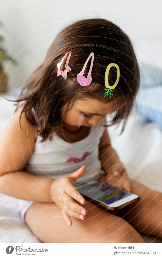 Kleines Mädchen mit drei Haarspangen sitzt auf dem Bett und schaut auf ein Smartphone Betten Handies Handys Mobiltelefon Mobiltelefone sitzend daheim zu Hause