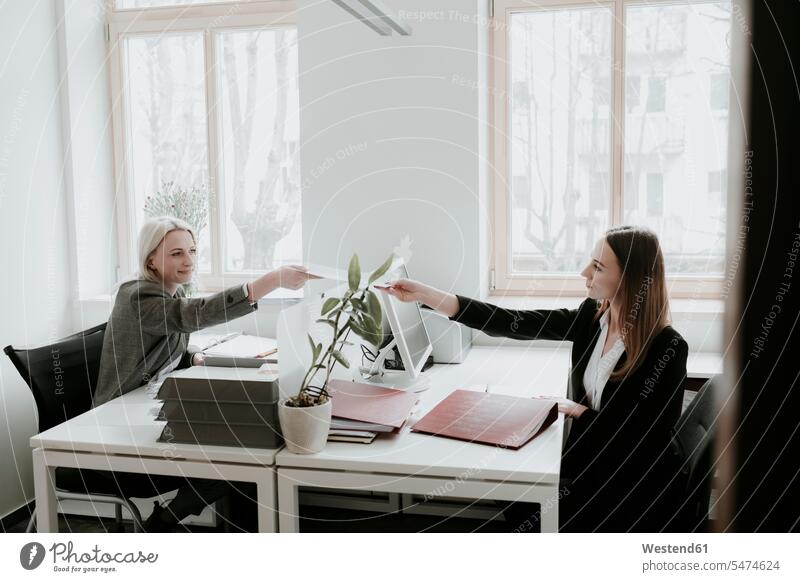 Zwei junge Frauen arbeiten am Schreibtisch im Büro und überreichen Papier Ablagekorb sitzen sitzend sitzt Zusammenarbeit Kooperation zusammenarbeiten
