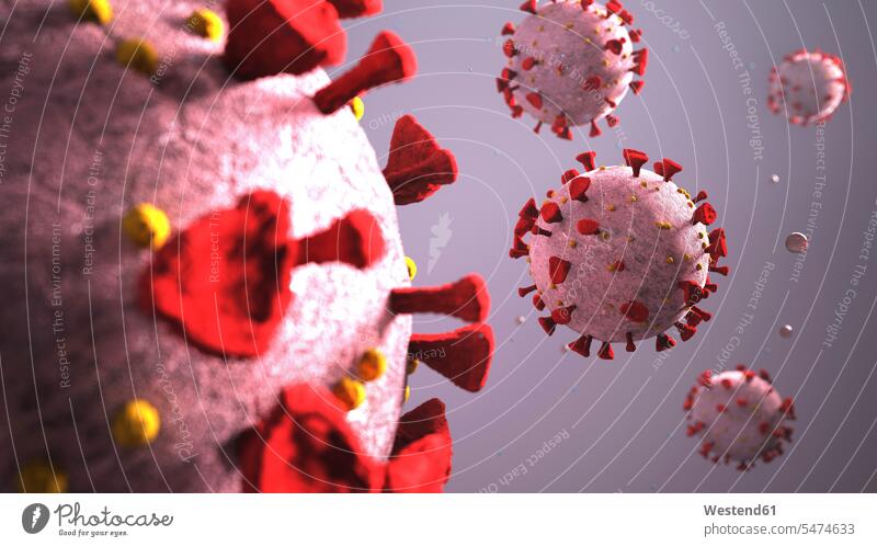 3D-Rendering der Koronaviren Covid-19 Kugeln gelbe gelber gelbes lilafarben violett rote roter rotes Formen Rundung Rundungen 3-D dreidimensional Gesundheit