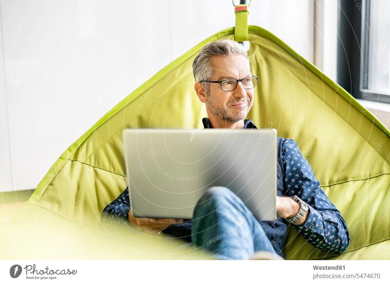 Lächelnder Geschäftsmann in der Hängematte sitzend, mit Laptop Leute Menschen People Person Personen Europäisch Kaukasier kaukasisch 1 Ein ein Mensch eine