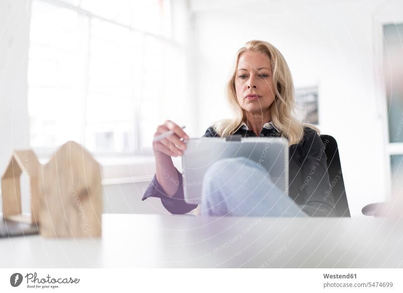Berufstätige Frau benutzt digitales Tablett am Schreibtisch im Heimbüro Farbaufnahme Farbe Farbfoto Farbphoto Deutschland Innenaufnahme Innenaufnahmen innen