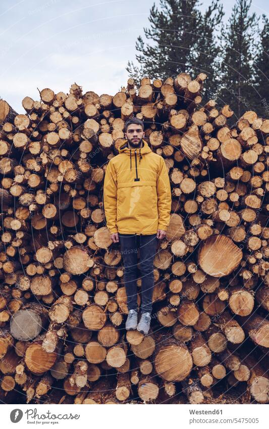 Junger Mann steht auf einem Holzstapel, der die Illusion des Schwebens vermittelt balancieren Balance Einbildung Baumstamm Stamm Stämme Baumstämme Levitation