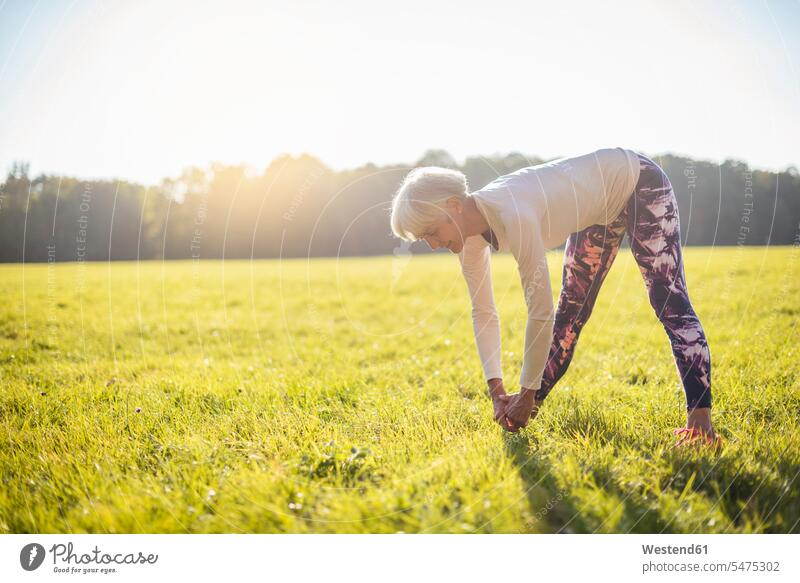 Seniorin beim Turnen auf ländlicher Wiese Wiesen auf dem Land auf dem Lande Frau weiblich Frauen dehnen strecken Gymnastik älter Seniorinnen alt Erwachsener