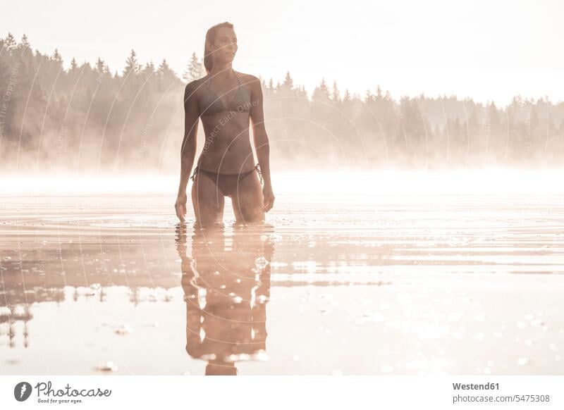 Frau im Bikini, die im Morgennebel in einem See badet Badebekleidung Bikinis früh Frühe entspannen relaxen entspanntheit relaxt geniessen Genuss stehend steht