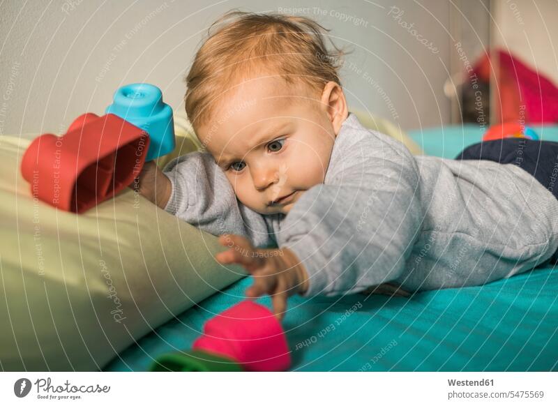 Porträt von Baby-Mädchen auf dem Bett liegend spielen mit Kunststoff-Spielzeug liegt Betten Babies Babys Säuglinge Kind Kinder greifen Griff weibliche Babys