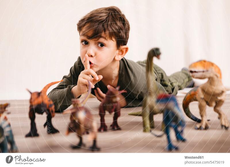 Porträt eines kleinen Jungen, der mit Spielzeugdinosauriern spielt Plastik witzig Muße humorvoll lustig spaßig vielfaeltig Vielfaeltigkeit vielfältig