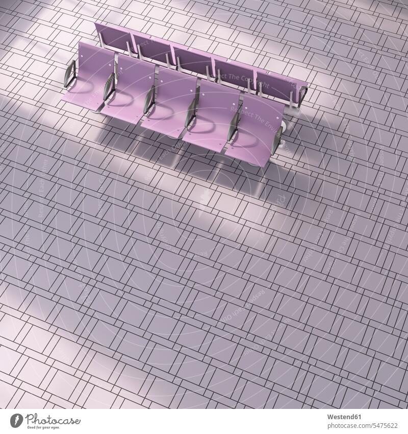 3D-Rendering, Violette Sitzreihe auf gefliestem Boden Fliese Kacheln Fliesen Wartehalle Wartehallen Textfreiraum Fußboden Fußboeden Fussboeden Fussboden