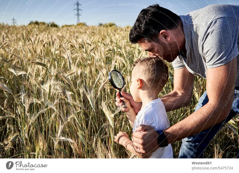 Vater und Sohn untersuchen Nutzpflanzen mit der Lupe im landwirtschaftlichen Bereich Farbaufnahme Farbe Farbfoto Farbphoto Spanien Freizeitbeschäftigung Muße
