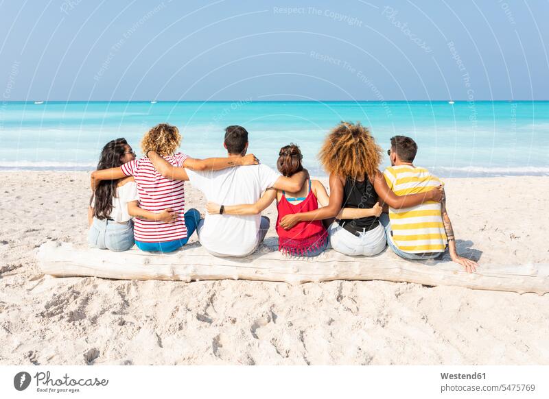 Freunde machen eine Pause, sitzen am Strand Spaß Spass Späße spassig Spässe spaßig Meer Meere sitzend sitzt Beach Straende Strände Beaches aktiv Freundschaft