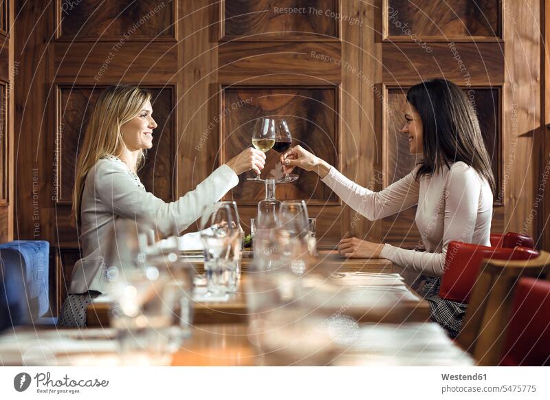 Zwei Geschäftsfrauen klirren in einem Restaurant an einem Weinglas Freunde Kameradschaft Freundin geschäftlich Geschäftsleben Geschäftswelt Geschäftsperson