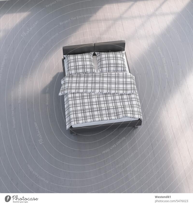 3D-Rendering, Bett mit geriffelter Bettung auf Betonboden Betten Komfortabel Gemütlich Bequem Schlichtheit Einfachhheit einfach Struktur Strukturen Fußboden