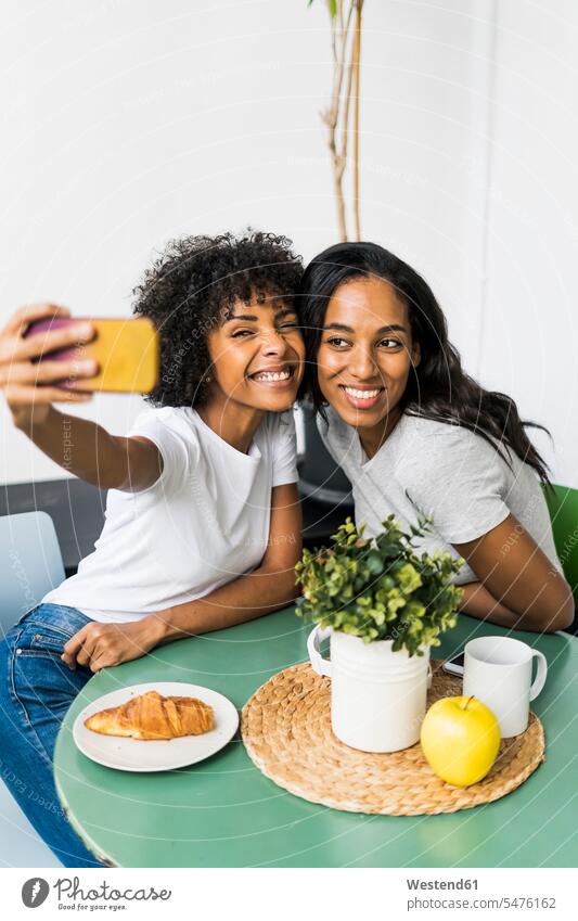 Zwei glückliche Freundinnen sitzen am Tisch und machen ein Selfie sitzend sitzt Glück glücklich sein glücklichsein Frau weiblich Frauen Zuhause zu Hause daheim