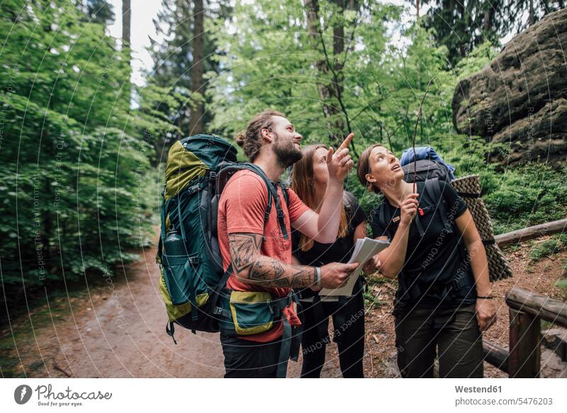 Freunde auf einer Wanderung nach oben Wandertour Freundschaft Kameradschaft Ausflug Ausflüge Kurzurlaub Ausfluege Reise Travel Sachsen Blick nach oben aufsehen
