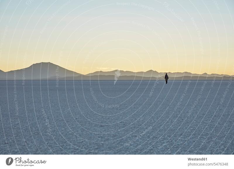 Bolivien, Salar de Uyuni, Frau geht auf Salzsee bei Sonnenuntergang Salzseen Sonnenuntergänge gehen gehend weiblich Frauen Wüste Wüsten Landschaft Landschaften