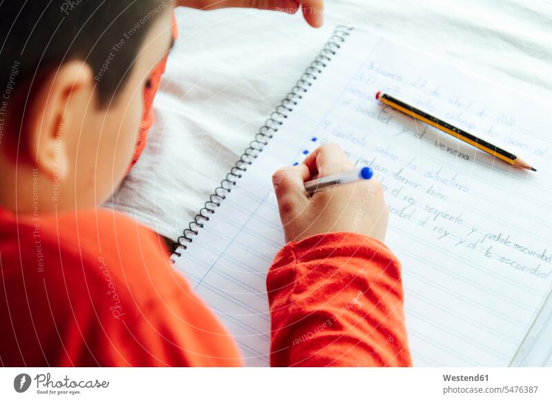 Junge Junge schreibt während des Heimunterrichts mit Stift in Buch Farbaufnahme Farbe Farbfoto Farbphoto 10-11 Jahre 10 bis 11 Jahre 10 - 11 Jahre Kinder Kid