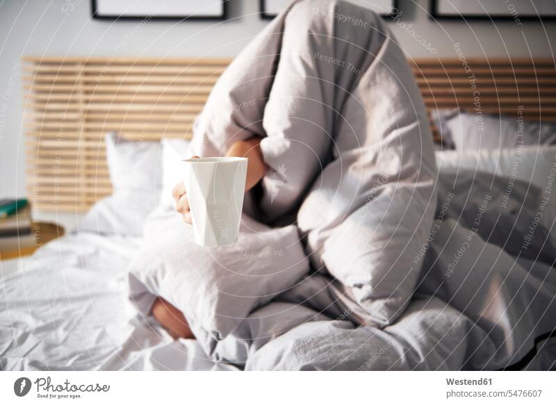 Frau unter Decke versteckt, die Kaffee verlangt Bettdecke Decken Bettdecken weiblich Frauen Forderung fordern Forderungen Getränk Getraenk Getränke Getraenke