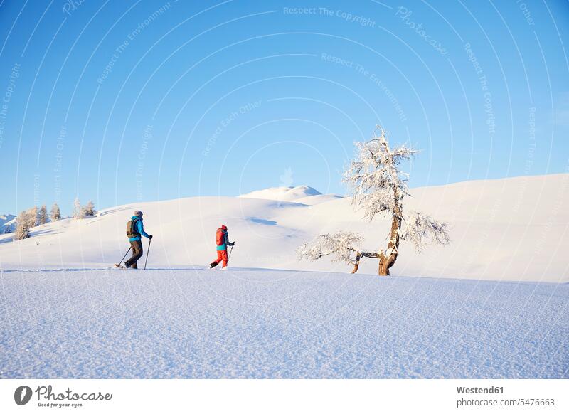 Österreich, Tirol, Paar Schneeschuhwandern Aussicht bewundern die Aussicht bewundern Blick in die Ferne Aussicht genießen die Aussicht genießen