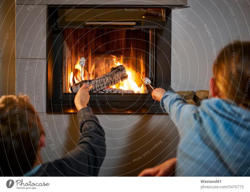 Rückenansicht von Bruder und Schwester mit Marshmallow-Spießen vor dem Kamin entspannen relaxen daheim zu Hause warm stimmungsvoll Flammen Erlebnisse Muße