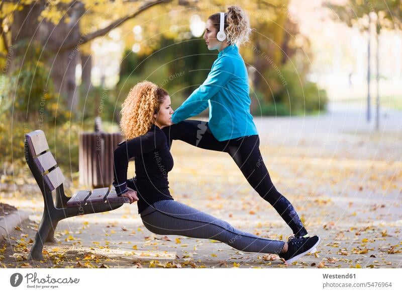 Zwei sportliche junge Frauen strecken sich im Park Freundinnen dehnen Parkanlagen Parks weiblich Sport Freunde Freundschaft Kameradschaft Erwachsener erwachsen