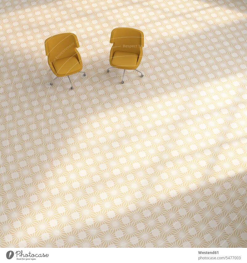 3D-Rendering, Zwei gelbe Stühle auf gemustertem Boden Stuhl Stuehle Abwesenheit menschenleer abwesend Schlichtheit Einfachhheit einfach Fußboden Fußboeden