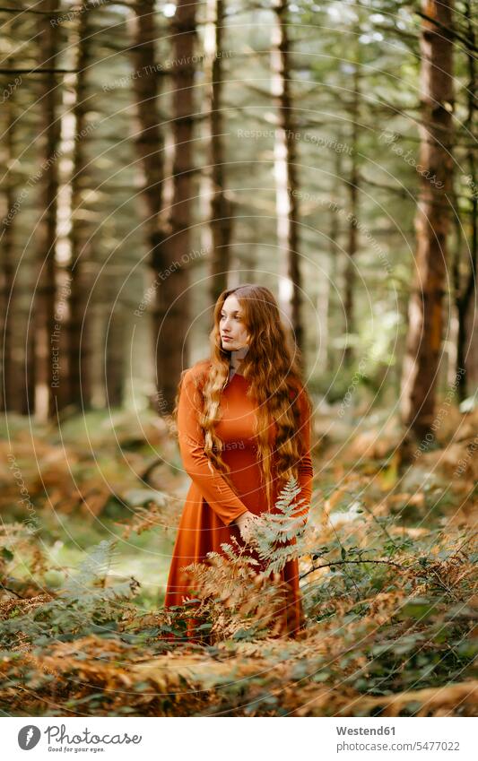 Nachdenklich-schöne Frau mit langen Haaren steht inmitten von Pflanzen im Wald Farbaufnahme Farbe Farbfoto Farbphoto Spanien Freizeitbeschäftigung Muße Zeit