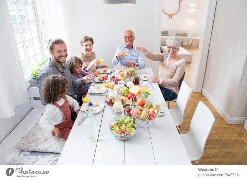 Fröhliche Großfamilie beim Mittagessen zu Hause Generation Leute Menschen People Person Personen Familien Mehr Generationen Familien Drei Generationen Familie