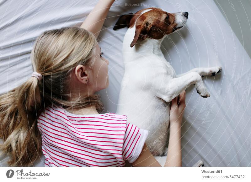 Blondes Mädchen auf dem Bett liegend kitzelt ihren Hund Hunde kraulen weiblich liegt blond blonde Haare blondes Haar Haustier Haustiere Tier Tierwelt Tiere Kind