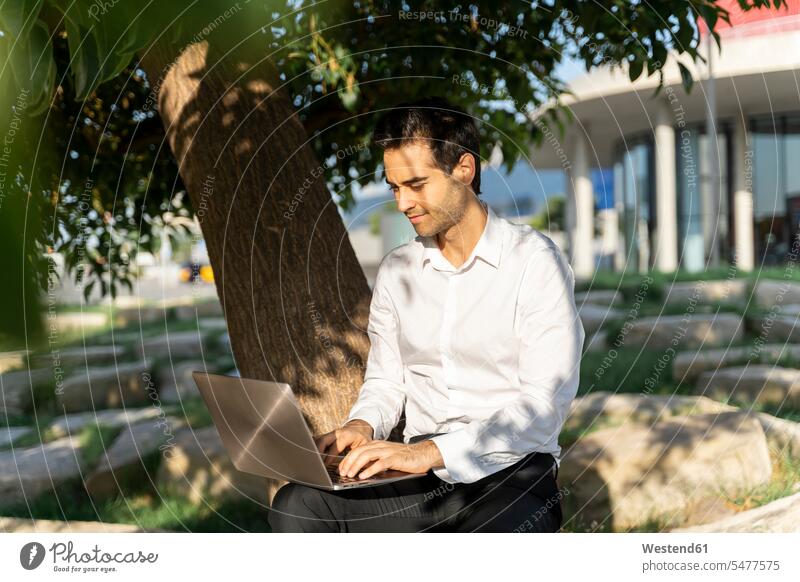 Geschäftsmann arbeitet über Laptop, während er im Park an einem Baum sitzt Farbaufnahme Farbe Farbfoto Farbphoto Spanien Außenaufnahme außen draußen im Freien