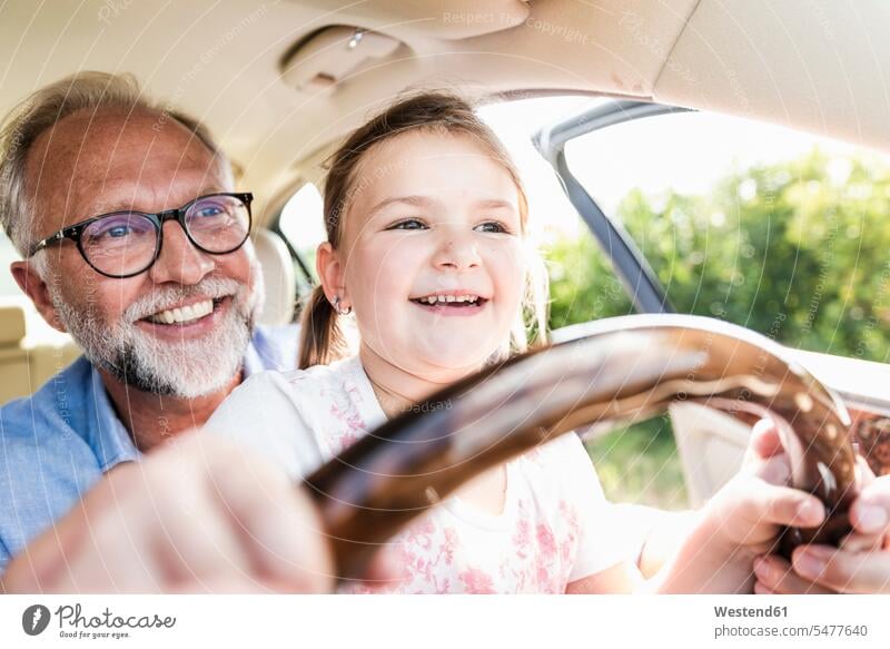 Kleines Mädchen sitzt auf dem Schoß des Großvaters und gibt vor, das Auto zu lenken Wagen PKWs Automobil Autos Sommer Sommerzeit sommerlich autofahren lachen