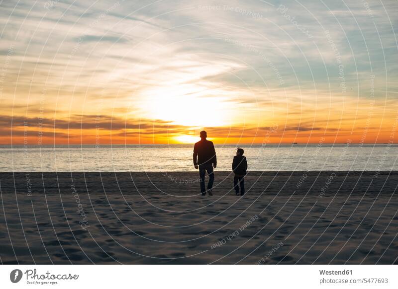Vater und Sohn gehen bei Sonnenuntergang am Strand spazieren Beach Straende Strände Beaches gehend geht Sonnenuntergänge Söhne Papas Väter Vati Vatis Papis