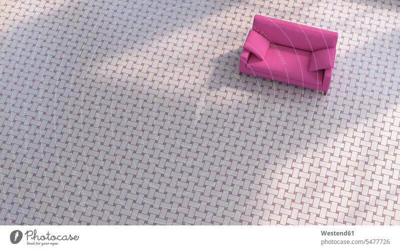 3D-Rendering, Couch auf gemustertem Boden Sofa Couches Liege Sofas Schlichtheit Einfachhheit einfach Struktur Strukturen Fußboden Fußboeden Fussboeden Fussboden