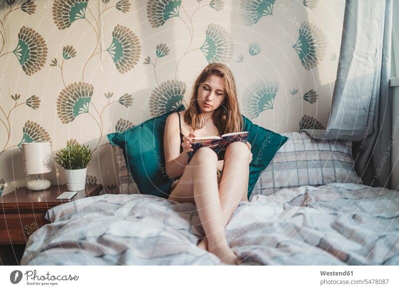 Attraktive junge Frau sitzt zu Hause im Bett mit einem Buch Leute Menschen People Person Personen Alleinstehende Alleinstehender Singles Unverheiratete