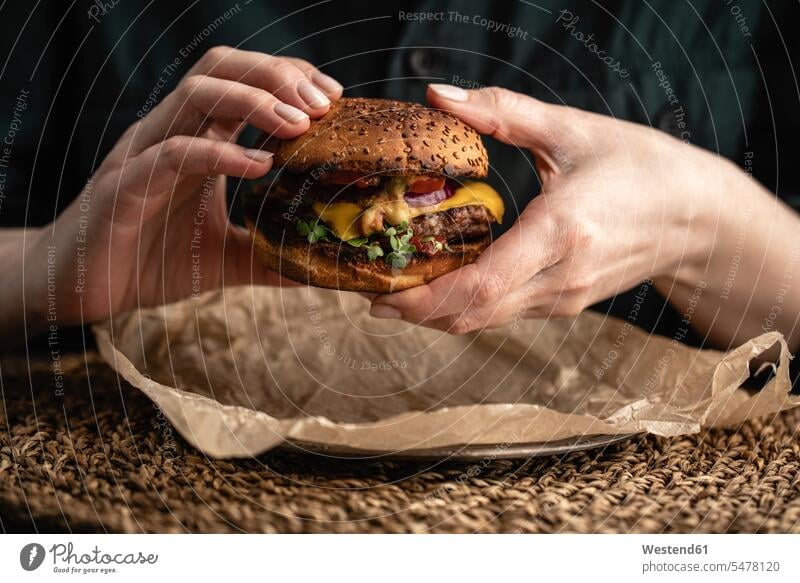 Russland, Frauenhände halten verzehrfertigen Hamburger mit roter Paprika, Zwiebeln und Käse Nahaufnahme close up close-up close ups close-ups Nahaufnahmen