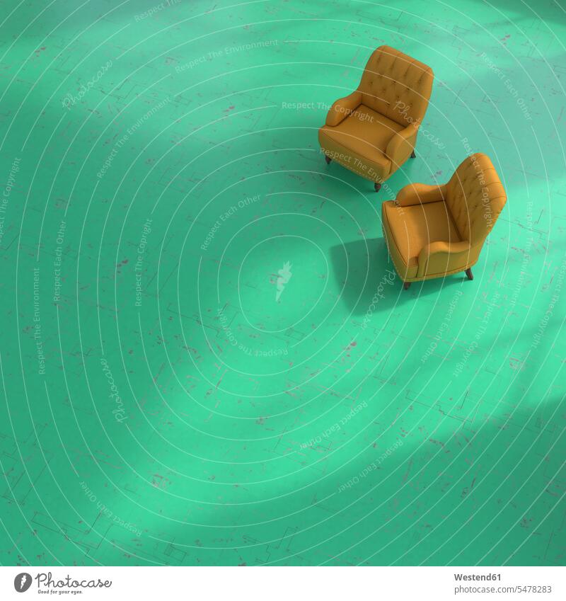 3D-Rendering, Zwei Sessel auf grünem Boden Metall Metalle metallisch Schlichtheit Einfachhheit einfach Struktur Strukturen Fußboden Fußboeden Fussboeden