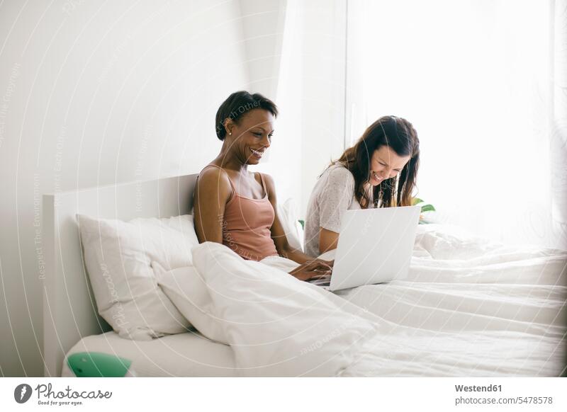 Zwei glückliche Frauen liegen zu Hause im Bett und benutzen Laptops Freunde Kameradschaft Freundin Leute Menschen People Person Personen Paare Partnerschaft