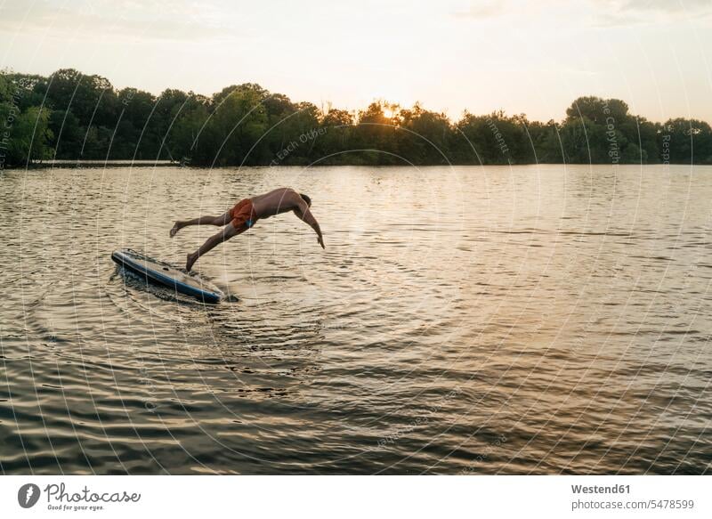 Mann springt von SUP-Board auf einem See bei Sonnenuntergang schwimmen Paddleboard Paddelbrett Sonnenuntergänge Männer männlich Seen springen hüpfen Stimmung