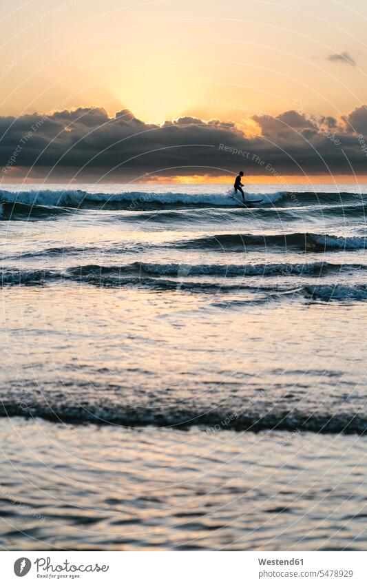 Scherenschnitt eines Mannes, der in der Morgendämmerung mit einem Paddelbrett auf dem Meer gegen den Himmel surft Farbaufnahme Farbe Farbfoto Farbphoto