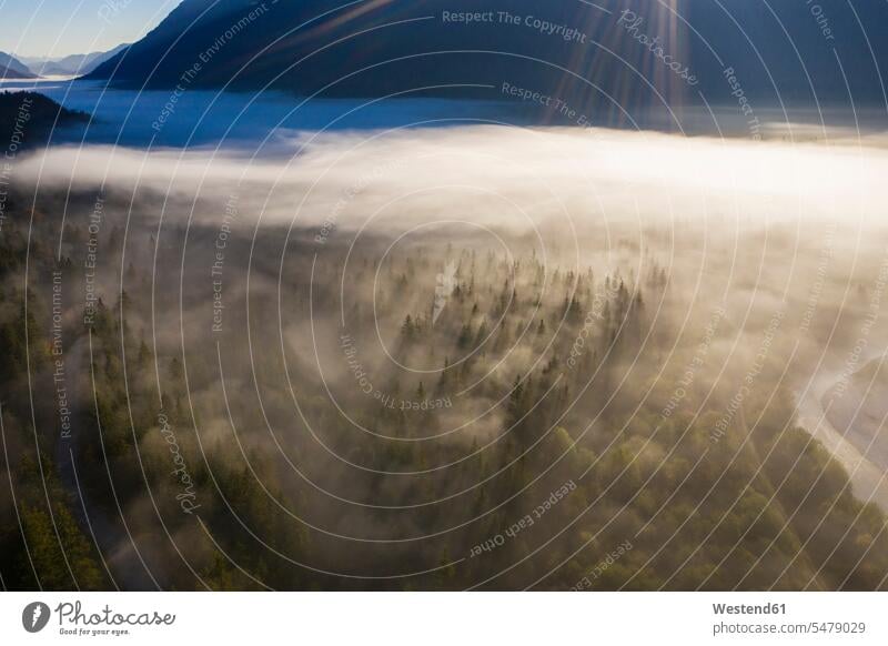 Deutschland, Oberbayern, Isarwinkel, Luftbild des oberen Isartals mit Nebel, zwischen Vorderriss und Wallgau Niemand Weite Textfreiraum weit Morgennebel