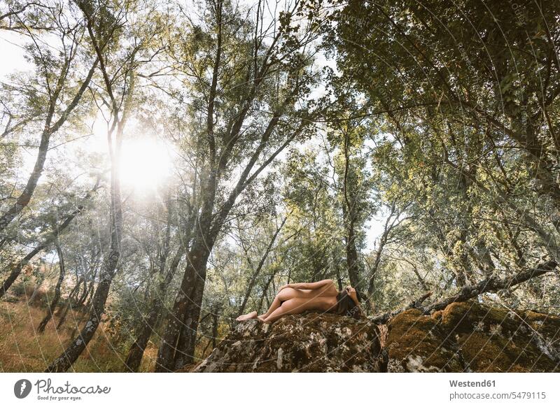 Weiblicher Akt auf Felsen im Wald entspannen relaxen Jahreszeiten sommerlich Sommerzeit Muße Lifestyles sinnlich Stein Steine Forst Wälder sonnig