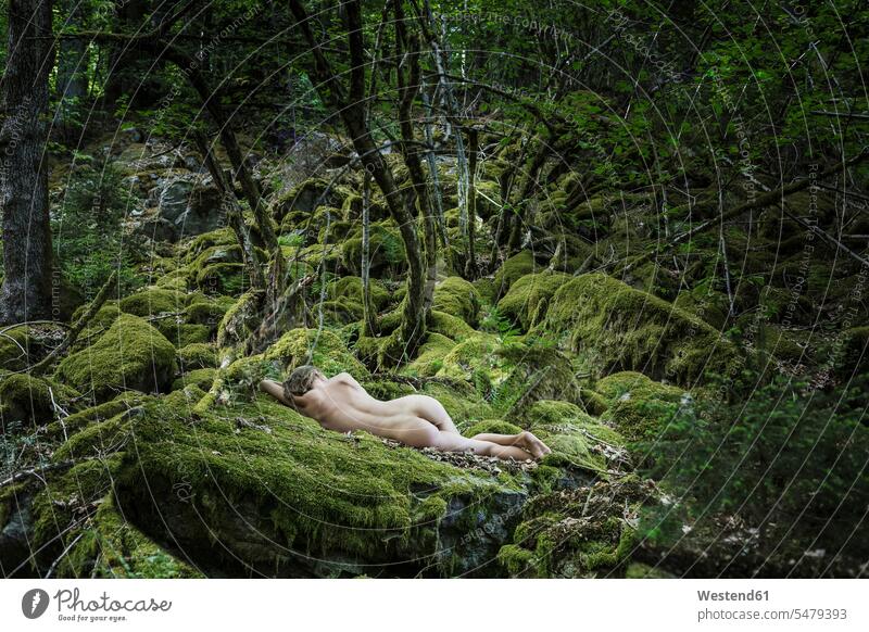 Nackte junge Frau schläft im Wald weiblich Frauen Moos schlafen schlafend verwunschen Akt Aktfotografie nackt Akte Forst Wälder liegen liegend liegt