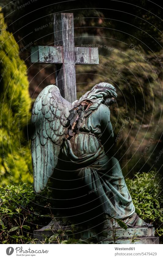 Verwitterte Engelsstatue, die neben dem Kreuz auf dem Friedhof sitzt Außenaufnahme außen draußen im Freien Tag Tageslichtaufnahme Tageslichtaufnahmen
